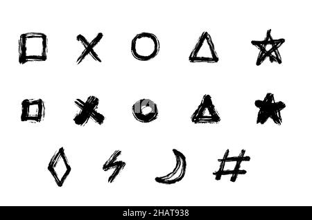 Handgezeichnete geschriebene Symbole und Zeichen. Schriftbuchstabe auf weißem Hintergrund isoliert Stockfoto