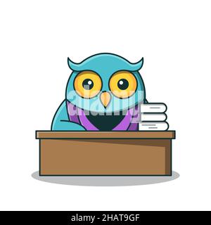 Eule Vogel Lehrer Tischbuch Bildung Schule Charakter Cartoon Stock Vektor