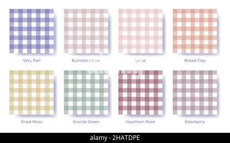 Gingham Nahtloses Muster in der Farbe von 2022 Very Peri gesetzt. Beispiel für einen Katalog von Farbfeldern in der Farbpalette. Passende Farbtöne für Modetrends - Bala Stock Vektor