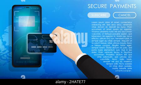 Konzept. Hand wendet Bankkarte auf das Smartphone an. Internet-Zahlung per Handy und Kreditkarte. Sichere Online-Zahlungen im Geschäft. Realistischer Vektor Stock Vektor