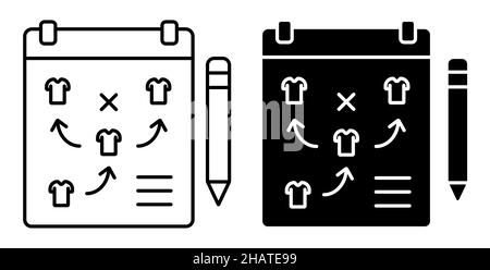 Lineares Symbol. Tablet mit Plan-Diagramm der Anordnung der Spieler auf dem Fußballplatz. Führender Trainer von Teamspielern während des Spiels. Einfach schwarz und wh Stock Vektor