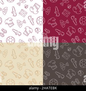 Satz von nahtlosen Mustern mit Elementen der Fußballausrüstung. Munitionssammler für den klassischen Fußballspieler. Ornament für Dekoration und Druck auf Stoff. De Stock Vektor