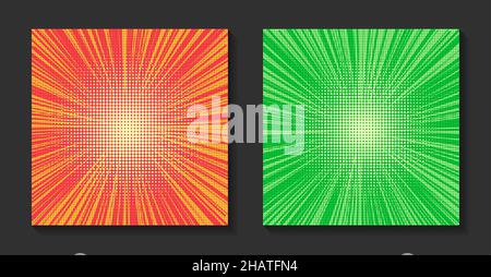 Pop Art Comic Sunburst Hintergrund. Retro-Strahlen, helle Sonnenstrahlen mit Punkten. Stock Vektor
