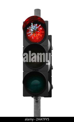 Rotes Verkehrskontrollsignal mit einem auf Weiß isolierten symbolischen Virus Stockfoto