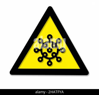 Schwarz-gelbes Virusgefährdungszeichen in weißer Rückseite Stockfoto