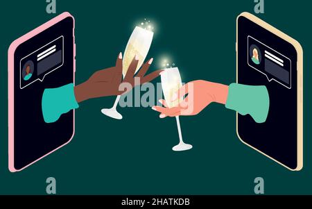Zwei Hände, die Sektgläser über das Telefon halten. Soziale Distanzierung während der Feiertage. Stock Vektor