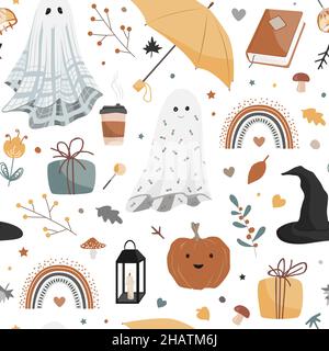 Halloween Vektormuster. Niedliche Geister, Fledermäuse und Hexenhut, Spinnennetz, Süßigkeiten, schwarze Katze, Kürbisse, Knochen und Pilze. Rosa Hintergrund. Oktober Stock Vektor