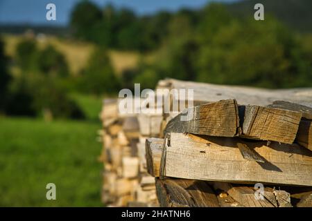 Gestapelte Holzhaine auf einer Wiese. Fertig für die Lieferung von Karmin und Ofen. Erneuerbare Energie aus natürlichen Rohstoffen Stockfoto