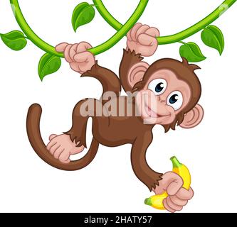 Affen Singen Auf Jungle Vines Mit Banana Cartoon Stock Vektor