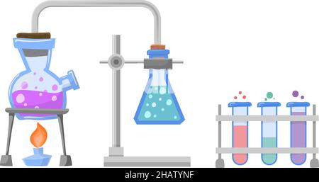 Chemieexperiment. Kolben mit Chemikalien. Labortest Stock Vektor