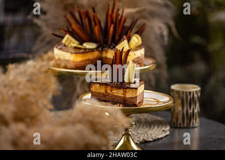 Köstlicher reichhaltiger Schokoladenkuchen mit weißen und dunklen Schokoladenflocken darauf Stockfoto