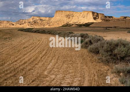 Piskerra-Zone mit einzigartigen Felsformationen im Wüstengebiet Las Bardenas Reales in Navarra bei Sonnenuntergang, Spanien Stockfoto