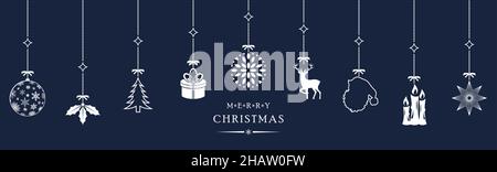 Weihnachtliche Ornamentvektoren mit Dekorationssymbolen. Frohe Weihnachten Grüße. Dunkelblauer Hintergrund. Weißer Hanger mit Kette. Stock Vektor