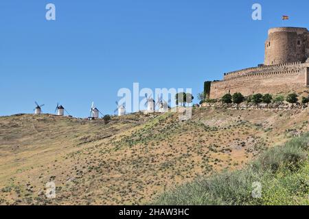 Castillo de la Muela mit den Windmühlen von Consuegra, Castle de la Muela auf dem Calderico-Hügel, Don Quixote Route, Provinz Toledo, Region Castilla-La Mancha Stockfoto