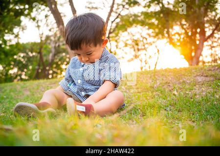 Liebenswert Kind junge sitzend inder Baum spielend Spielzeug im Sommer Park Sonnenuntergang Licht Stockfoto