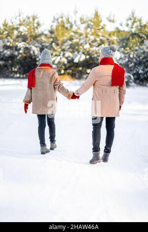 Rückansicht von Mann und Frau, die durch den Winterwald laufen Stockfoto