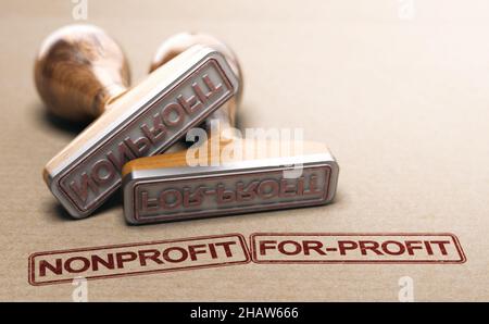 Non-Profit und Profit gedruckt auf Papierhintergrund mit zwei Gummistempeln. 3D Abbildung. Stockfoto