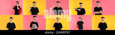 Collage von attraktiven männlichen Studenten auf farbigen Hintergründen Stockfoto