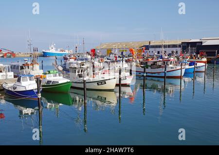 Kleine Fischereifahrzeuge spiegeln sich im Hafenbecken, Hirtshals, Nordjütland, Dänemark Stockfoto