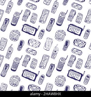 Comic-Cartoons mobile Phones und Geräte. Vektor nahtloser Hintergrund. Wirklich Kinderzeichnung. Stock Vektor