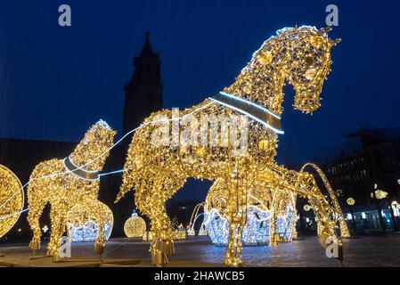 Beleuchtete Pferde, Lichterwelt, Magdeburg, Sachsen-Anhalt, Deutschland Stockfoto