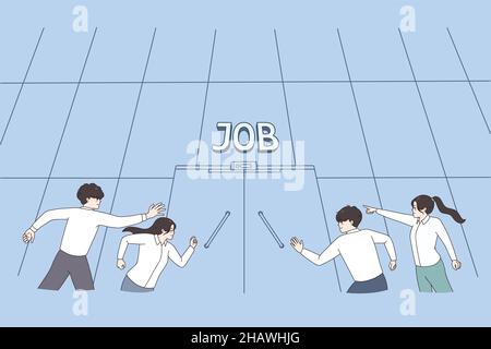 Verschiedene Geschäftsleute laufen bis zum Bürogebäude und konkurrieren um die Stellenöffnung oder Position im Unternehmen. Motivierte Bewerber oder Kandidaten konkurrieren um Interviews. Beschäftigungskonzept. Vektorgrafik. Stock Vektor