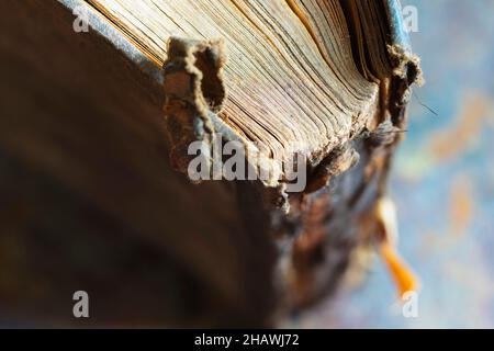 Nahaufnahme der Wirbelsäule eines alten Buches Stockfoto