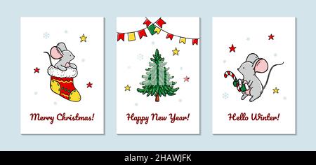 Set von vertikalen Frohe Weihnachten und Happy New Year Grußkarten mit niedlichen Mäusen. Handgezeichnete Vektorgrafik Stock Vektor