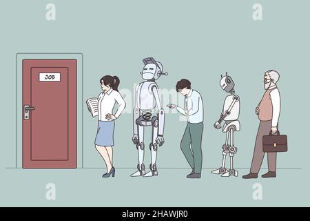 Menschen und Roboter stehen in der Schlange für Interviews konkurrieren um eine Position. Humanoide und menschliche Bewerber in der Warteschlange für Rekrutierungsgespräche. Digitale Welt, technologische Revolution. Vektorgrafik. Stock Vektor