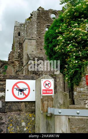 Öffentliche Schilder, die Hunde und Drohnen auf dem Grundstück von Llantony Priory, Llanthony, Abergavenny, Herefordshire, Wales, verbieten, VEREINIGTES KÖNIGREICH Stockfoto