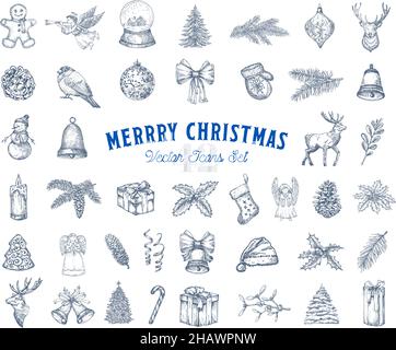 Handgezeichnete Weihnachts-Ikonen-Kollektion. Set von Winterferien Neujahr Skizzen Gravur Stil Xmas Doodle Zeichnungen Bundle isoliert Stock Vektor