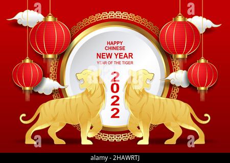 Frohes chinesisches Neujahr 2022 mit zwei goldenen Tigern und Laterne Stock Vektor
