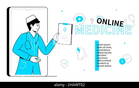 Online-Medizin - Bunte flache Design-Stil Poster mit Linien-Elemente auf weißem Hintergrund und Platz für Text kopieren. Sie können Ihren Arzt mit kontaktieren Stock Vektor