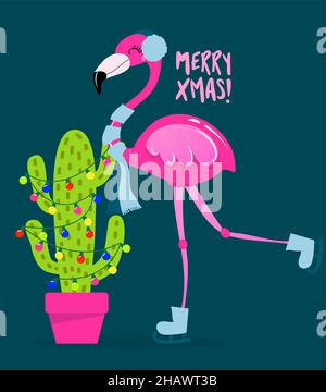Frohe Weihnachten! - Kalligraphie Phrase für Weihnachten mit niedlichen Flamingo Mädchen und Kaktus Weihnachtsbaum. Handgezeichnete Schriftzüge für Weihnachtskarten, invit Stock Vektor
