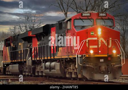 Bartlett, Illinois, USA. Ein Paar Canadian National Railway-Lokomotiven führt einen in südlicher Richtung manifesten Güterzug über einen Eisenbahnübergang. Stockfoto