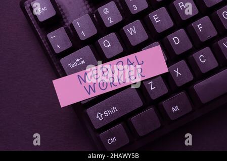 Textschild zeigt sinnlosen Arbeiter an. Geschäftsübersicht ohne intelligenten Zweck wenig Aufmerksamkeit beim Tippen von Krankenhausaufzeichnungen und -Berichten Stockfoto