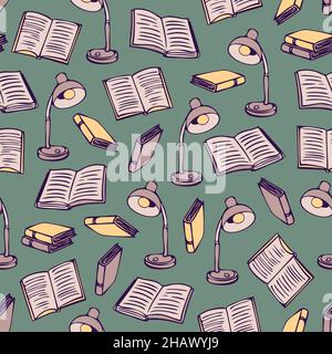 Vektor nahtloses Muster mit Büchern und Lampen. Handgezeichnetes Design. Stock Vektor
