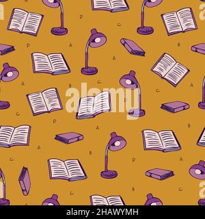 Vektor nahtlose Muster mit Büchern, Buchstaben und Lampen. Design im Cartoon-Stil. Stock Vektor