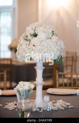 Weißes Hortensia-Bouquet im Mittelpunkt beim Hochzeitsempfang Stockfoto