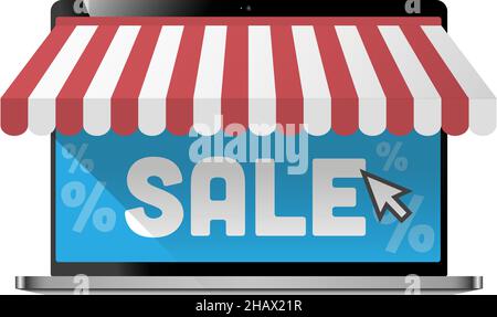 Online-Shopping-Verkauf, Laptop-Modell mit roten und weißen Sonnenblenden, Vektor-Illustration Stock Vektor