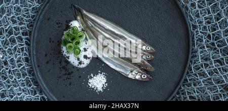 Europäische roch rohen ungekochten Fisch in schwarzem Craft-Teller auf Fischernetz mit Gurken und Salzflocken verziert. Stockfoto