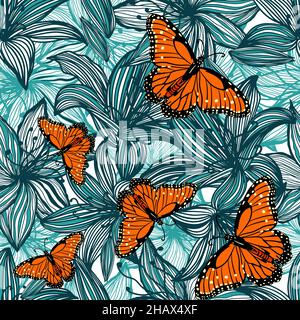 Schmetterlinge mit grafischen Blumen. Orangefarbene Schmetterlinge und blaue Lilien. Nahtloser Vektorhintergrund Stock Vektor