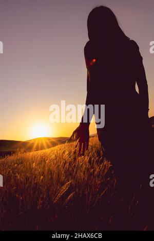 Nahaufnahme der Mädchen Silhouette in voller Länge mit Hand berühren Wiese und Sonnenuntergang Burst und Berge im Hintergrund. Atemberaubende goldene Sonnenuntergänge Stockfoto