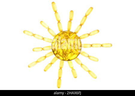 Fettsäuren Fischöl Softgels in einem Sonnensymbol auf weißem Hintergrund isoliert angeordnet. Nahrungsergänzungsmittel für Hautpflege und UV-Schutz. Stockfoto