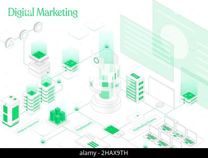 Modernes flaches Design isometrisches Konzept des digitalen Marketings für Banner und Website. Abstrakter 3D Vektorhintergrund. Web-Entwicklung, Social-Media-Konzept Stock Vektor