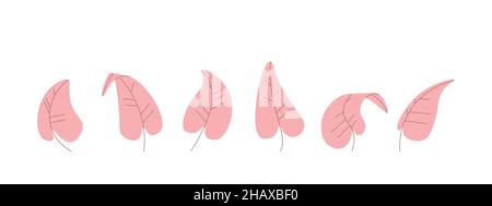 Set von rosa Blättern der dekorativen Cartoon-Pflanze. Abgerundetes Blatt mit Adern. Vektor isoliert auf weißem Hintergrund für Design. Stock Vektor