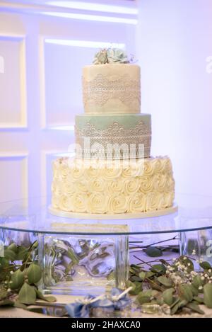 Wunderschöne weiße dreistufige Hochzeitstorte mit Kuchenform mit blauen Blumen Stockfoto