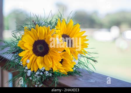 Wunderschöne Sonnenblumen- und rote Rosen-Brautsträuße auf Holzvertäfelung Stockfoto