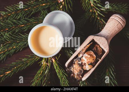 Fichtenbaum Picea abies Kräuterharz Lotion in Glas und Stücke auf Holzlöffel, mit frischen Fichtenzweige verziert. Mit Fichtenharz. Stockfoto