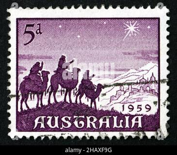 AUSTRALIEN - UM 1959: Eine in Australien gedruckte Briefmarke zeigt die Annäherung der Könige, Weihnachten, um 1959 Stockfoto